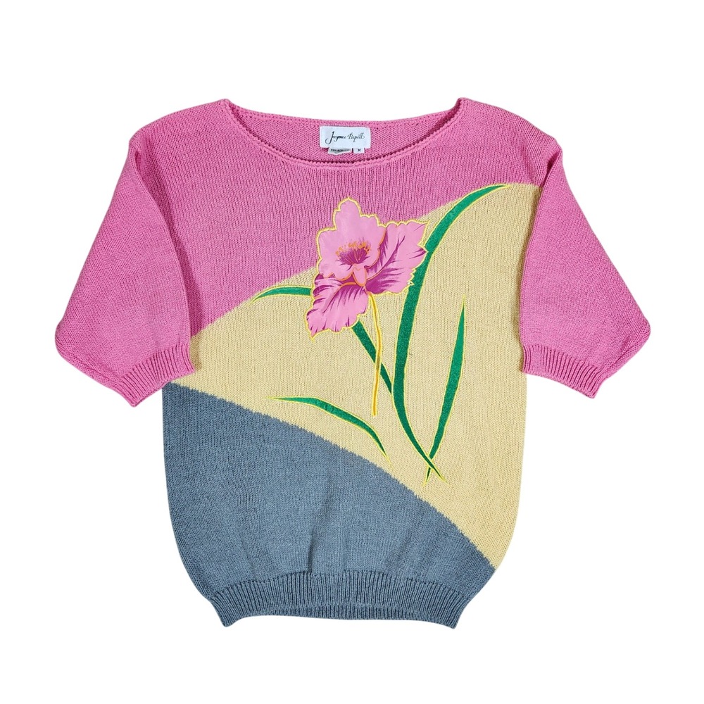Vintage Jaymee Papell Floral Colorblock Short Sleeve Knit‎ Sweater Top M Korea